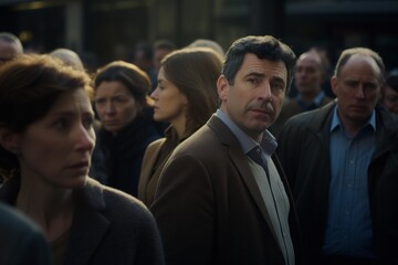 A bustling crowd scene with a camera focusing sharply on one individual amidst the chaotic multitude, highlighting their unique presence.

