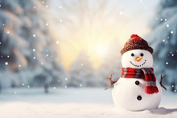 Fototapeta premium Snowman in a hat and scarf in the snow. Generative Ai