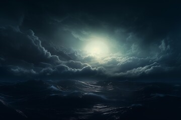 stormy ocean bright light shining clouds midnight underwater night volumetry scattering wearing maritime clothing lighting - obrazy, fototapety, plakaty