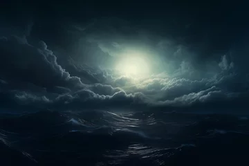 Fotobehang stormy ocean bright light shining clouds midnight underwater night volumetry scattering wearing maritime clothing lighting © Cary