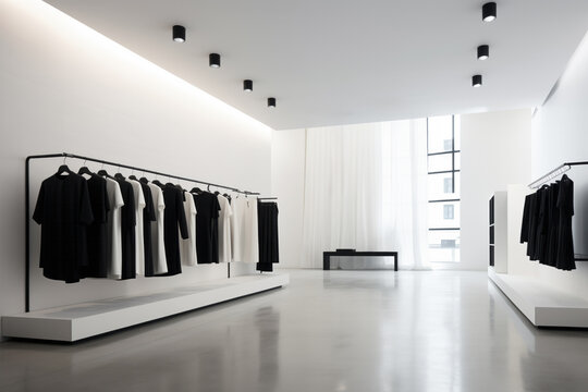 Bright clothing store interior with black and white clothes on racks and a large window.