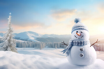 Obraz premium Snowman in a hat and scarf in the snow. Generative Ai