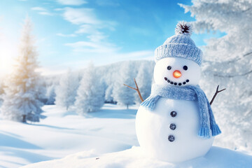Obraz premium Snowman in a hat and scarf in the snow. Generative Ai