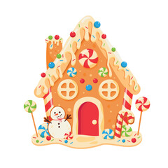 Gingerbread house isolated on white. Christmas gingerbread house. Candy houses. Gingerbread baked christmas cookies decorative food for winter celebration time recent vector stylized funny house 