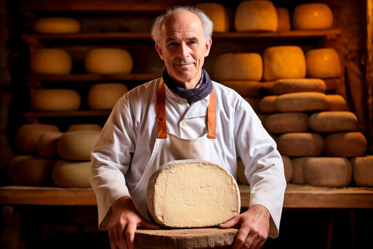 Artisan cheesemaker presenting his homemade cheese in a traditional cheese cellar.
