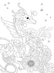 coloring book page for adults and children. Fantasy dragon with