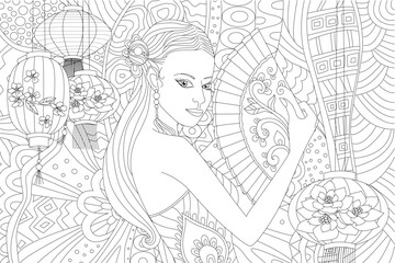 coloring book page for adults and children. beautiful chinese gi