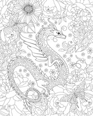 coloring book page for adults and children. Fantasy  dragon with - 679287058