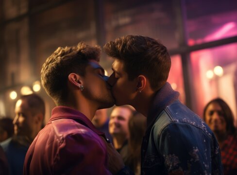 Gay couple relaxing and kiss on the dance floor in disco party. Two young LGBT guys kissing and hugging. Young men romantic family in love - happiness concept.