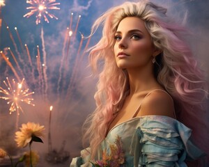 Portrait of a dreamy woman with pink hair, with sparkling fireworks and moody sky complementing her gaze