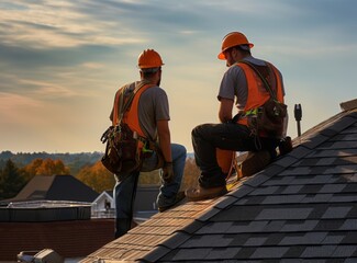 Two construction workers on a roof at sunset, silhouetted against an orange sky, with a residential neighborhood in the background. - obrazy, fototapety, plakaty