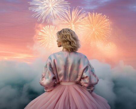 Rear view of a woman in a sparkling outfit admiring a vibrant fireworks display against a twilight sky
