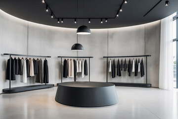 Modern clothing store interior with black and white design, clothes on racks