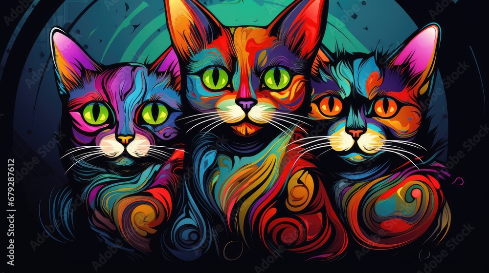 Poster three colorful cats with green eyes on a black background the cats are arranged in a triangular form