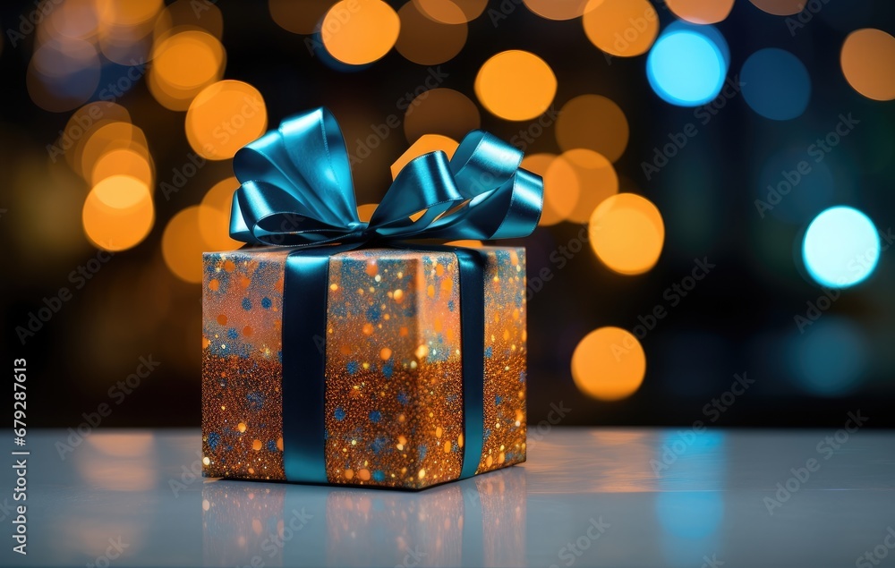 Poster a close up of a present box with a blue ribbon and a bow on a table with lights in the background.