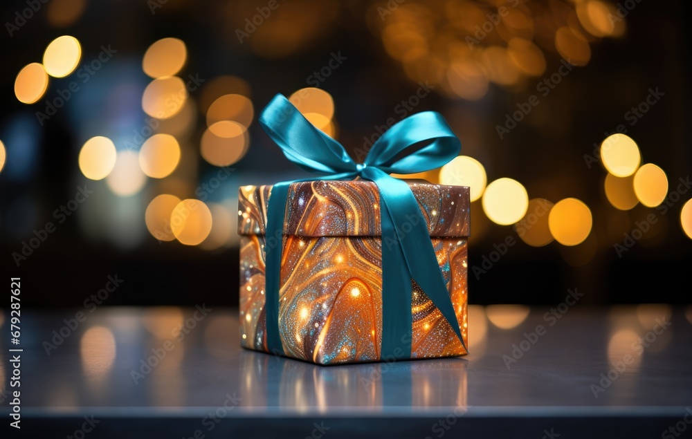 Poster a close up of a present box with a blue ribbon and a bow on a table with lights in the background.