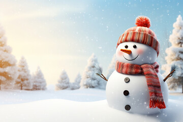Obraz premium Snowman in a hat and scarf in the snow. Generative Ai