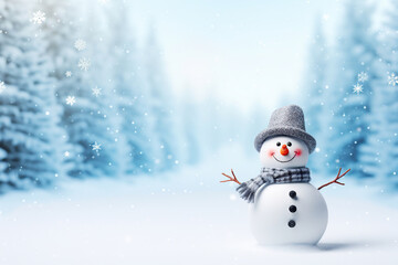Obraz premium Snowman in a hat and scarf in the snow. Generative Ai