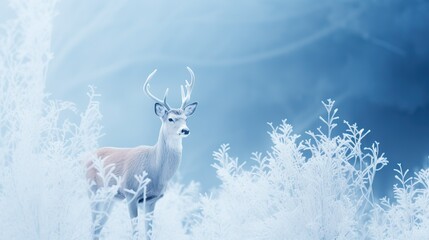 Delicate deer in a winter wonderland, glancing with innocence against a backdrop of icy trees. - 679287672
