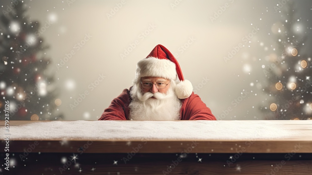 Aufkleber a santa claus looking over a table in front of a christmas tree with snow falling down on it and a b