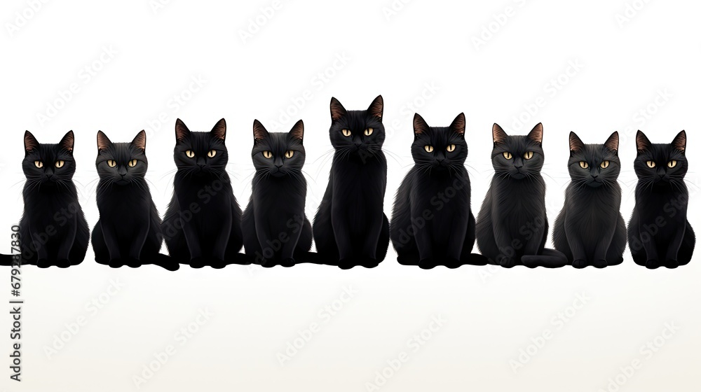 Poster a group of cats sitting next to each other in front of a white background with a black cat in the mi