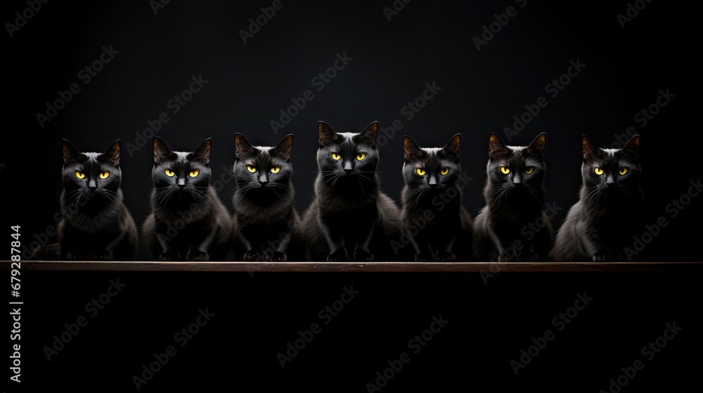 Poster a group of cats with yellow eyes sitting in a row on a table in front of a black background with a d