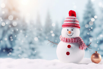 Snowman in a hat and scarf in the snow. Generative Ai