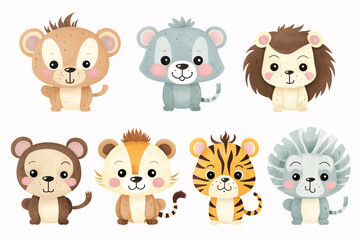 Fototapeta premium Adorable Baby Animal Set with Zebra, Giraffe, Hippo, Lion, Flamingo, Monkey, Elephant, Tiger