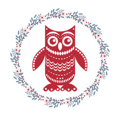 
Christmas owl in Scandinavian style and Christmas wreath. Stylized postcard, background, greeting. For printing, greetings, as a template.