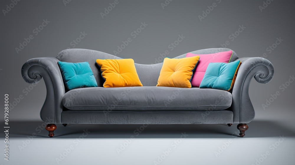 Poster a gray couch with colorful pillows sitting on it's back and a gray wall in the background behind it.