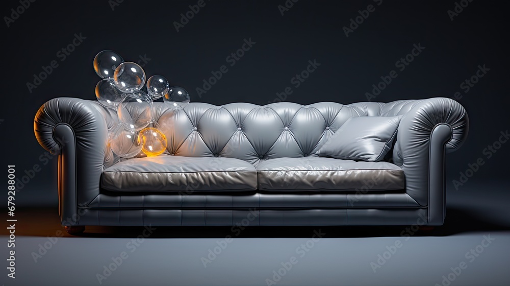 Poster a couch with balloons on top of it in front of a dark background with a light shining on the back of