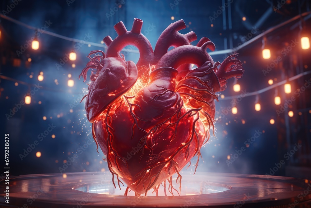 Poster a heart in the middle of a stage with lights on the sides and a string of lights in the background.