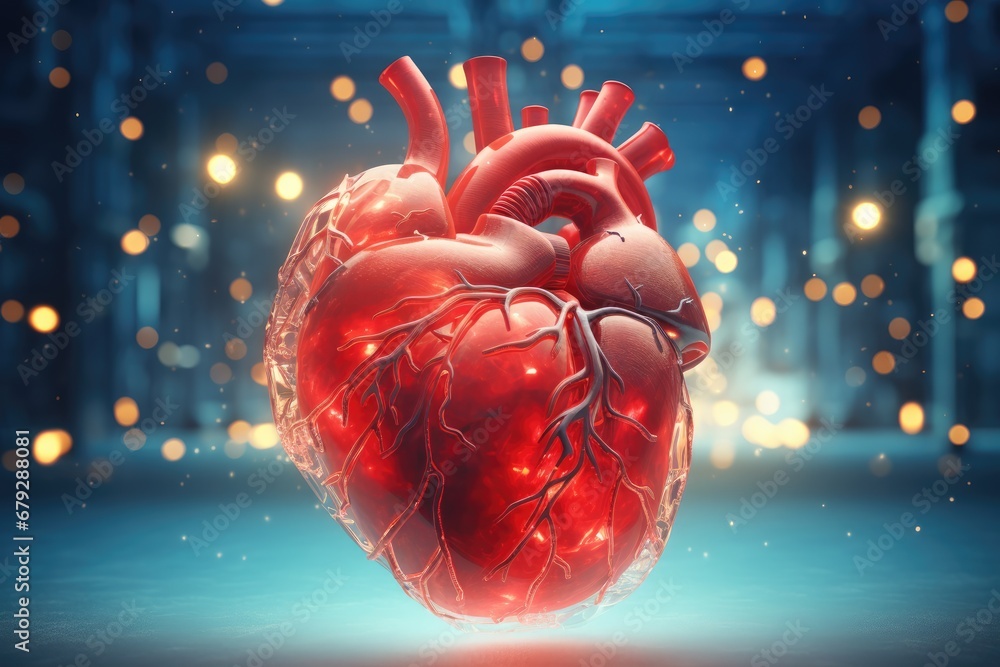 Poster an image of a human heart in the middle of a room with lights on the walls and a tree in the backgro