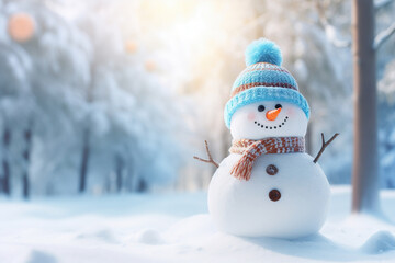 Snowman in a hat and scarf in the snow. Generative Ai