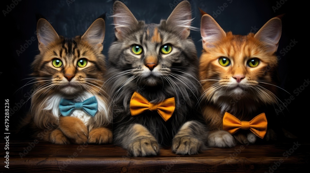 Poster a group of three cats sitting next to each other in front of a black background with a yellow bow ti