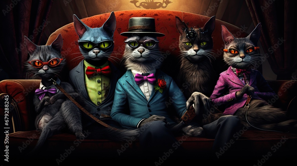 Poster a group of cats sitting next to each other on top of a couch in front of a man in a top hat.