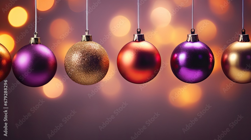 Poster a row of shiny christmas ornaments hanging from strings with boket lights behind them on a purple an