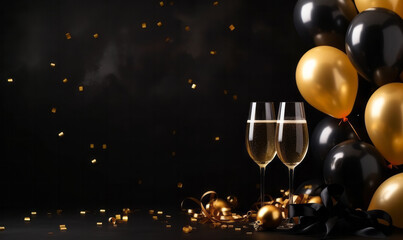 Happy new year background with balloons and glasses of champagne - obrazy, fototapety, plakaty