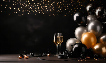 Happy new year background with balloons and glasses of champagne - obrazy, fototapety, plakaty