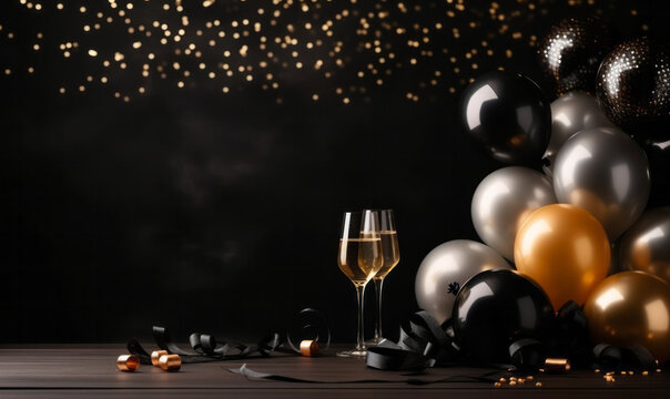 Happy new year background with balloons and glasses of champagne