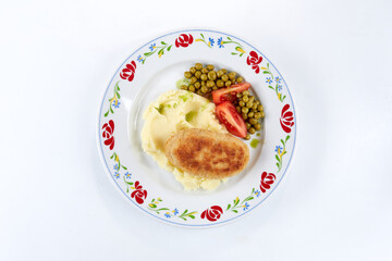 mashed potato with cutlet and salad