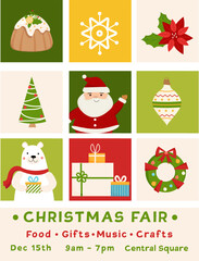 Christmas fair poster. Vector illustration for marketing materials, background, greeting card, party invitation card, website banner, social media banner.