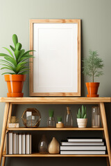 Modern home interior with designer wooden dresser, poster mockup, live plants, accessories in stylish home decor.