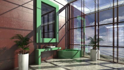 Modellazione 3D e rendering di un locale open space per bagno con ampie vetrate