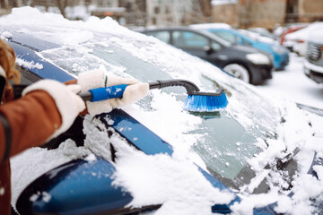 Cleaning snow from a car. A beautiful woman is cleaning snow from a car with a brush. Transport...