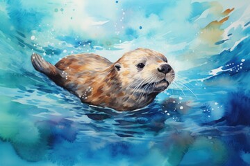 A playful otter floating on its back, with a watercolor background featuring shades of blue and green to create the illusion of water