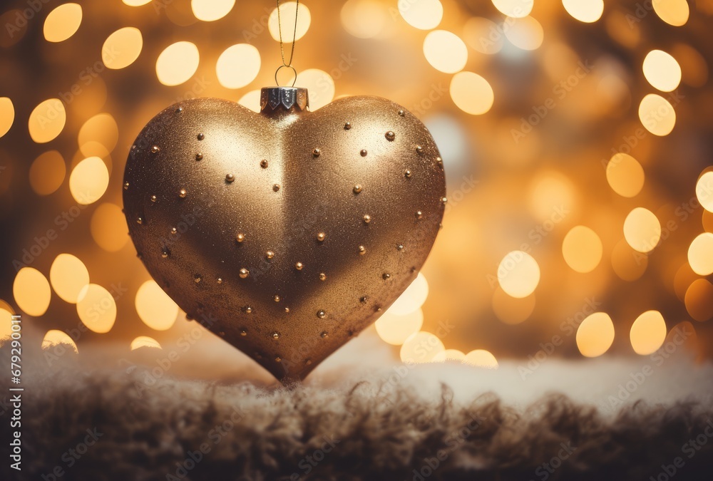 Poster a heart shaped ornament hanging from a string in front of a christmas tree with lights in the backgr
