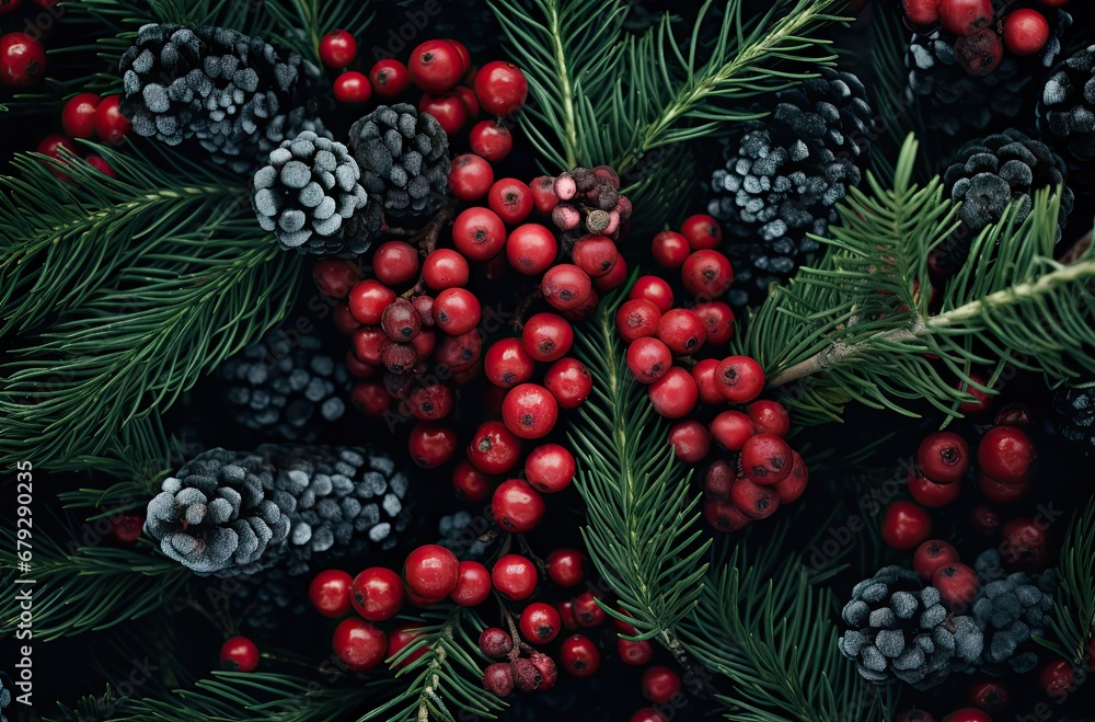 Poster a close up of a pine tree with berries and pine cones and pine cones and pine cones on the branches.