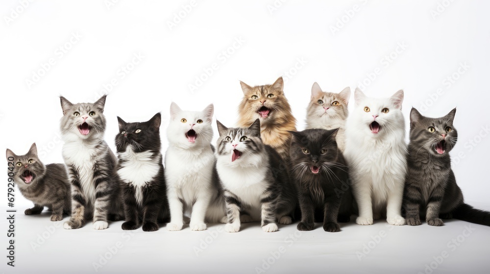 Poster a group of cats standing next to each other with their mouths open and mouths wide open in front of 