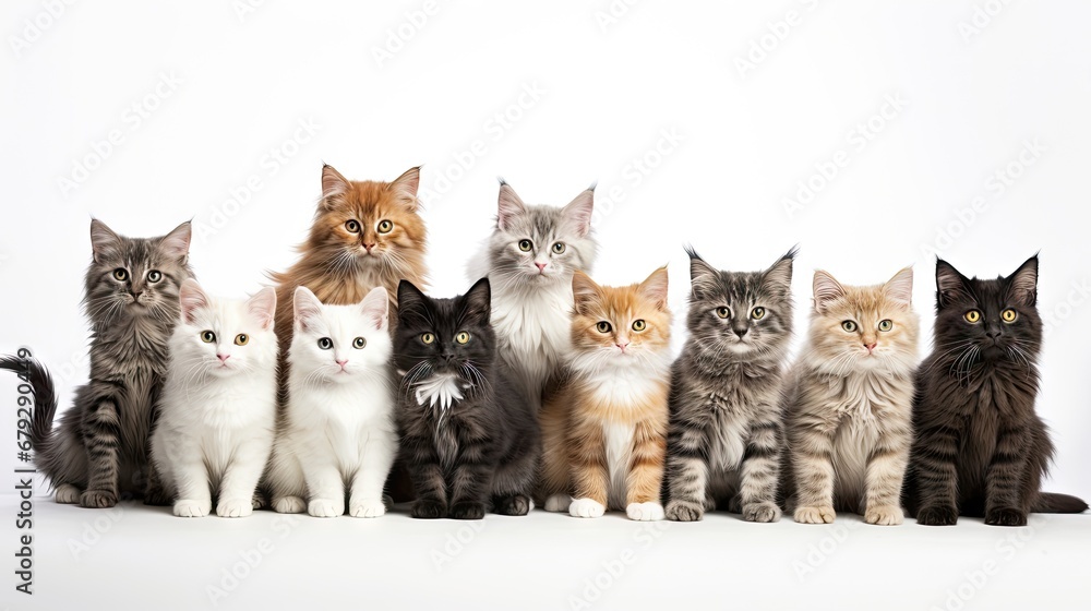 Poster a group of cats sitting next to each other in front of a white background with one cat looking at th